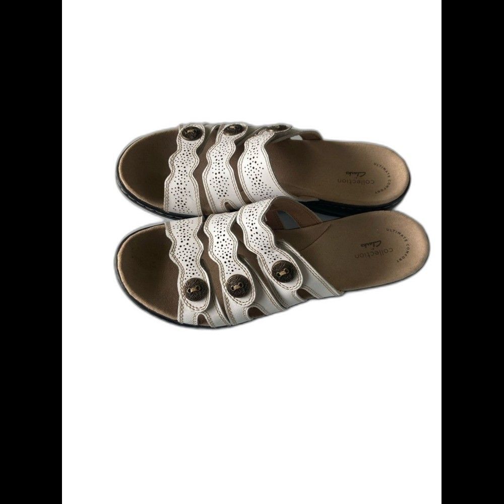 Womens Clarks White Leather Slip-On Sandals Cozy House Shoes Teacher US10